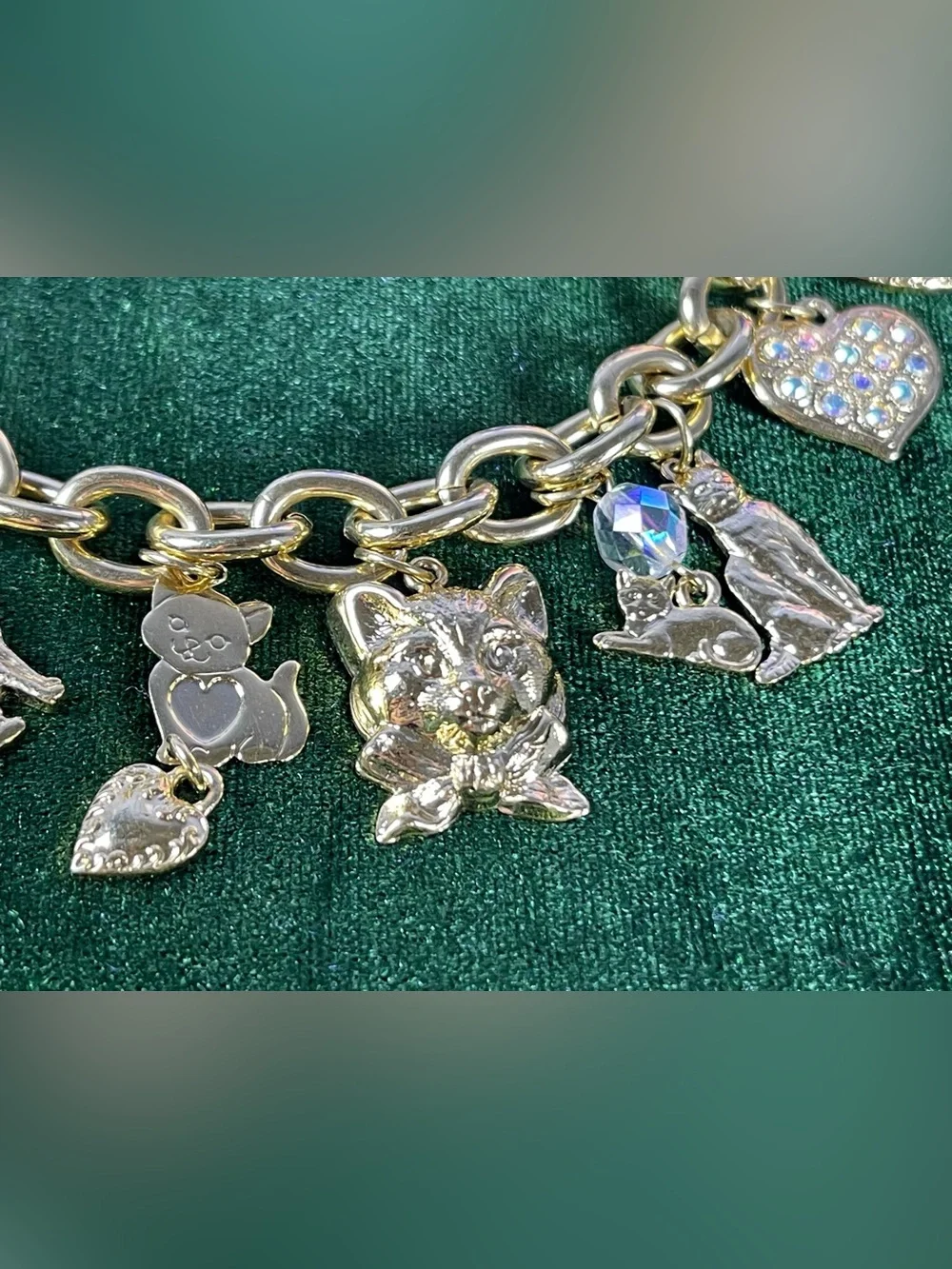 Vintage 1990's Kirk's Folly signed cat-themed charm bracelet added 8” extender